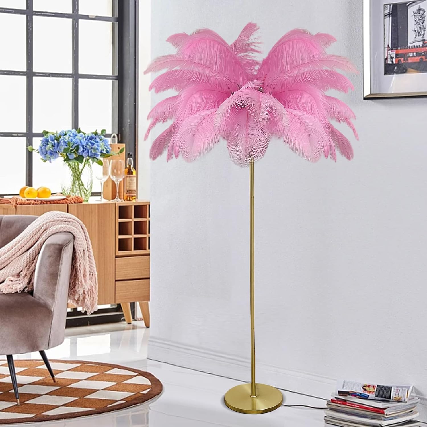 Ostrich Feather Lamp, Floor Lamps for Living Room,Modern LED Dimmable Standing Lamps Gold Feather Floor Lamps for Bedroom Study Office Kid's Room Decor(Pink)