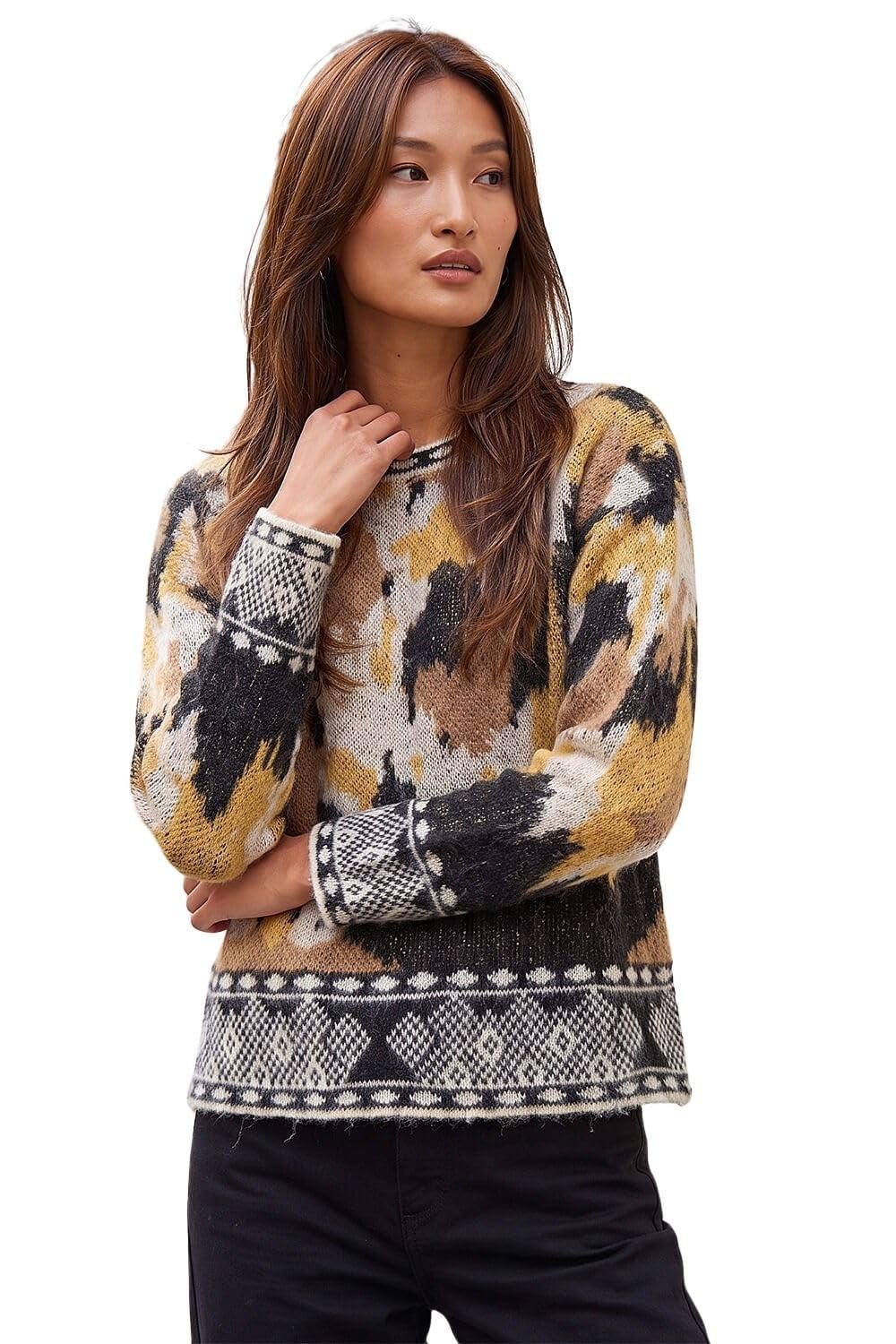 Roman Originals Abstract Jacquard Knit Jumper for Women UK - Ladies Everyday Autumn Winter Crew Neckline Comfy Soft Evening Vacation Work Party Night Out