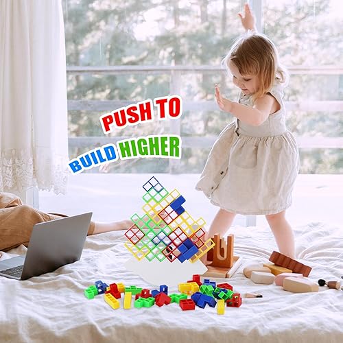 Miniatura 6 de Juguete apilable de 48 piezas con 22 tarjetas y tocadiscos, juego de mesa de equilibrio, juguete de bloque de construcción para niños y adultos,