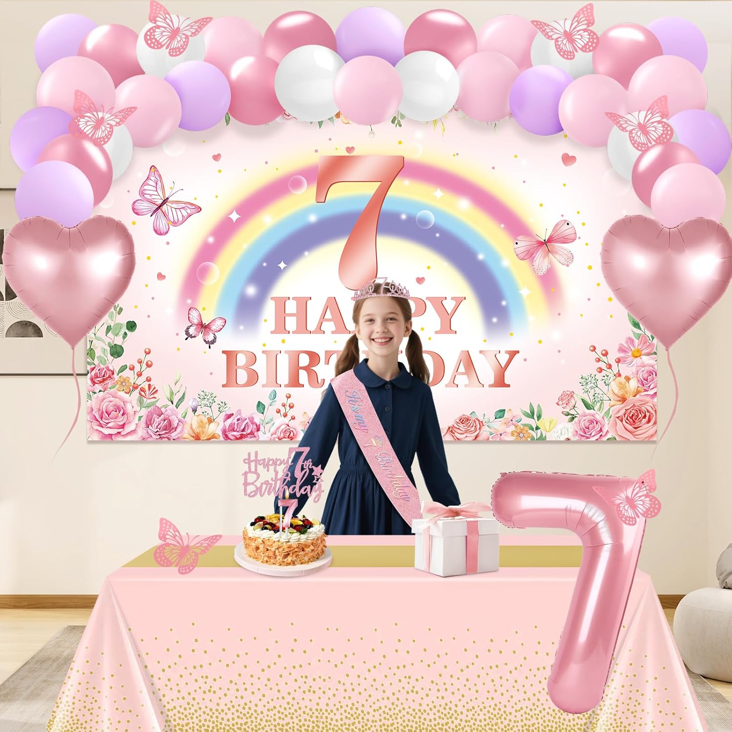 7th Birthday Decorations for Girls, 47pcs Pink Flower Rainbow Banner, Tablecloth, Butterfly Decor, 7th Birthday Sash and Tiara, Cake Topper, Candles, Balloons Arch