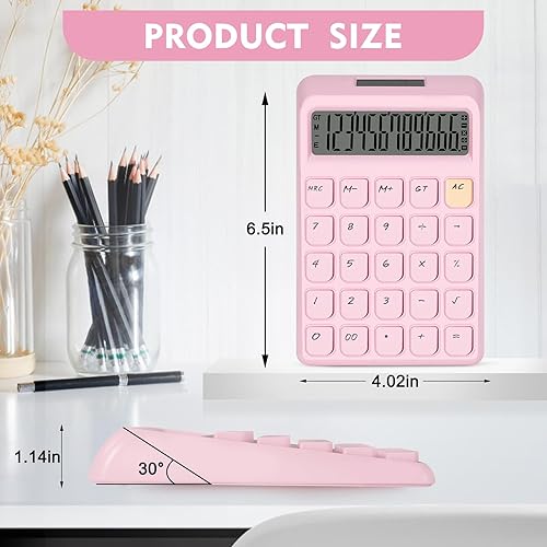 Miniatura 2 de Calculadora linda, calculadoras de escritorio, botones grandes de calculadora rosa, doble potencia solar y de batería, pantalla LCD grande de 12