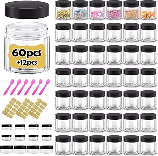 2 oz Plastic Containers with Lids 60pcs Plastic Jars with Lids + 3/5/10 Gram 12pcs Sample Containers Travel Jar– Great for Travel,Lip Scrub,Body Butters,Cream,Lotion Free Labels & Spatulas (72 Pack)