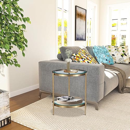 Miniatura 15 de Mesa de centro rectangular de cristal, mesa central de 2 niveles, mesa de café moderna para sala de estar, 43.3 x 23.62 pulgadas, color dorado