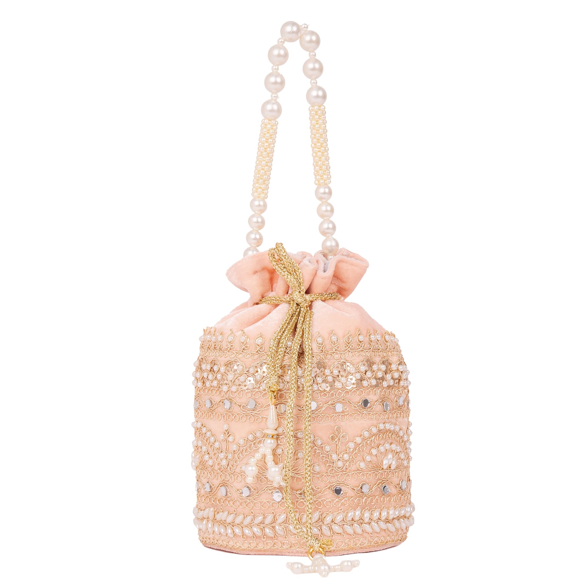 cara fashion Zari Gold Velvet Potli Bag, Handcrafted Velvet with Zari Embroidery & Pearl Handle, Wedding & Festive Accessory-picture-31