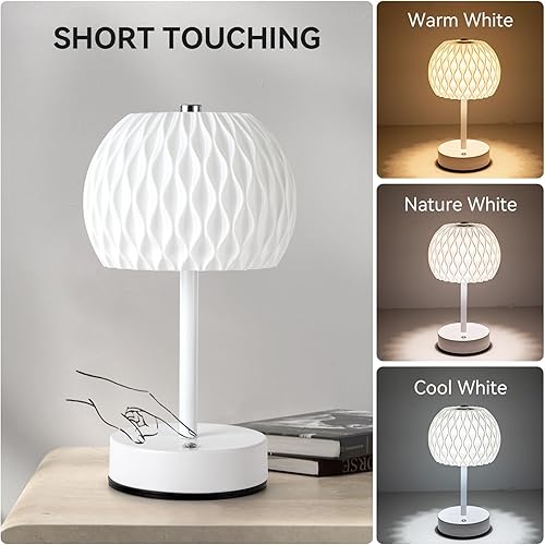 Miniatura 7 de Lámpara de mesa pequeña a pilas, 3 temperaturas de color, recargable, control táctil, lámpara de escritorio regulable, luz nocturna LED inalámbrica
