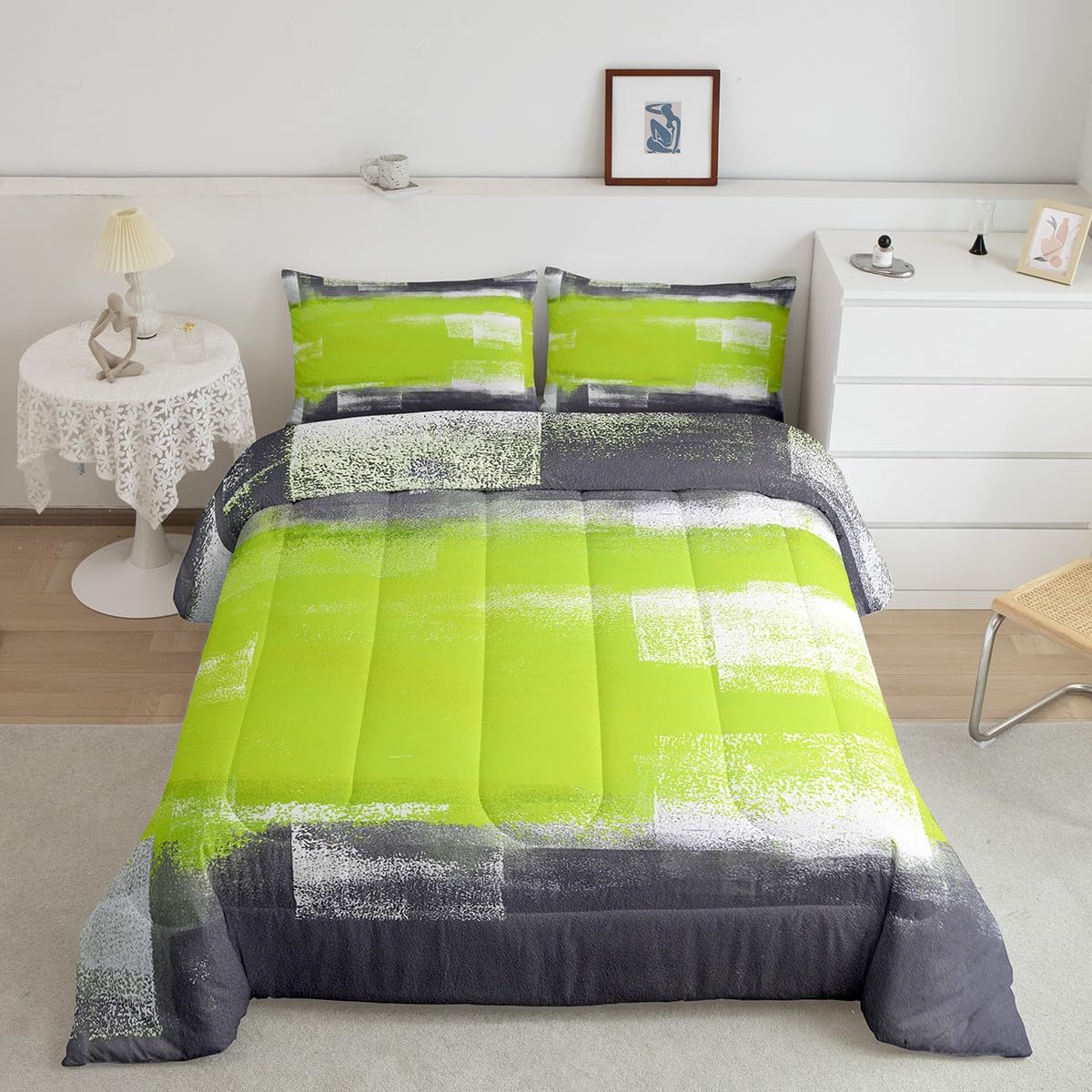 Erosebridal Lime Green Quilt Comforter Queen Watercolor Ombre Black White Bedding Set Grunge Abstract Tie Dye Comforter Set for Kids Teen Adults