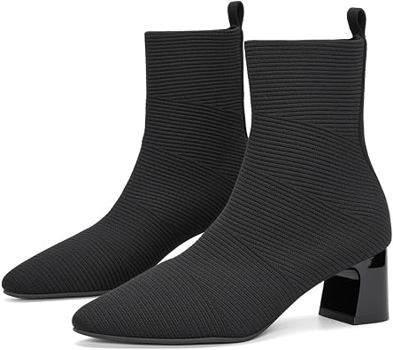 HONHOLD Womens Ankle Boots Comfortable Pointed Toe Breathable Sock Knit Low Heel Fall Work Office Booties