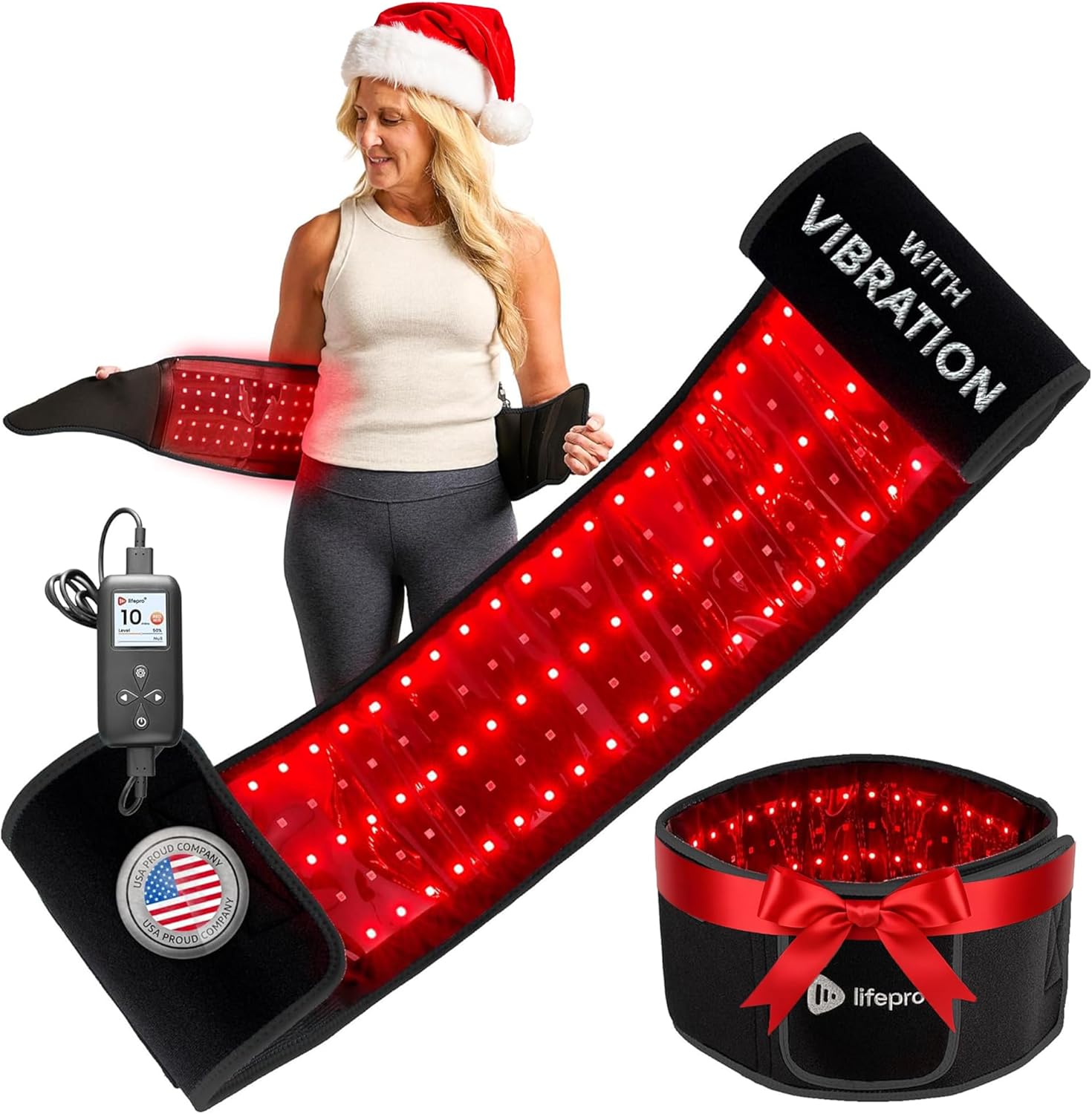 Lifepro Red Light Therapy Belt - 660nm & 850nm Near Infrared & Red Light Therapy for Body- Adjustable & Portable for Wellness & Relaxation Black With Vibration