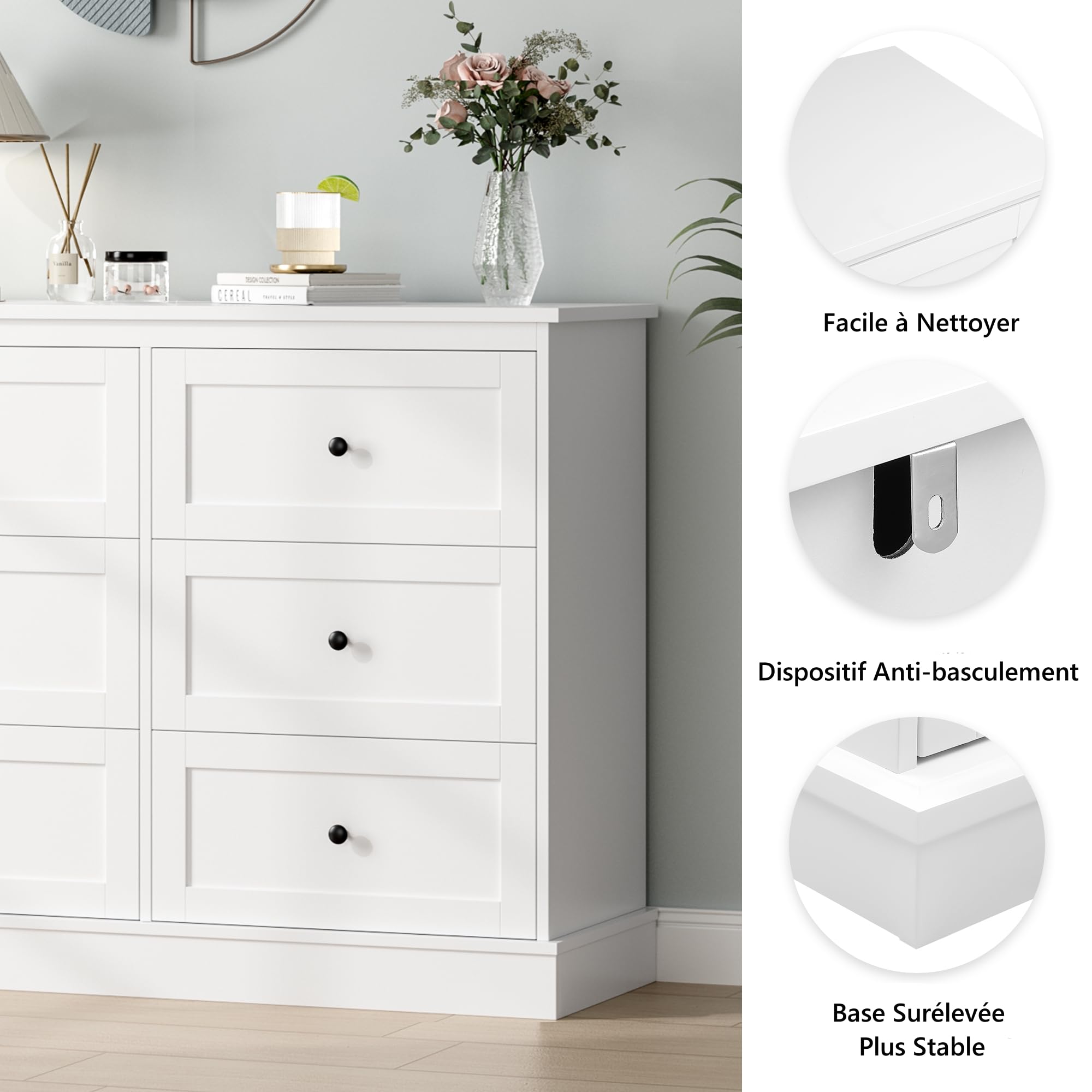 FOREHILL Commode avec 6 Tiroirs, Commode Chambre Adulte avec Poignée, Blanc | Armoire rangement chambre, 108x40x87cm, 6 tiroirs spacieux à vêtements, Base surélevée, Pour salon entrée, Style moderne