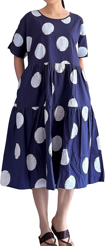 Minibee Womens Cotton Linen Dress Summer Polka Dot Short Sleeve Casual Loose A-Line Boho Midi Dresses with Pockets