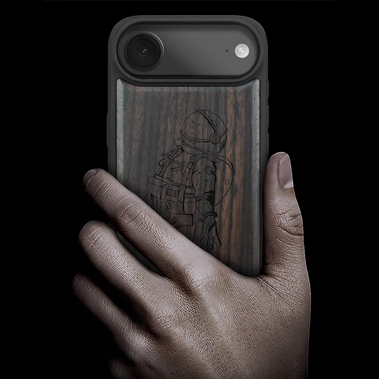 Carveit Magnetic Wooden Case for iPhone Air Case, Wood Artisan Engraved & Soft TPU Shockproof Cover, Compatible with MagSafe 17 Air Wireless Chargers (Floating Astronaut) Blackwood
