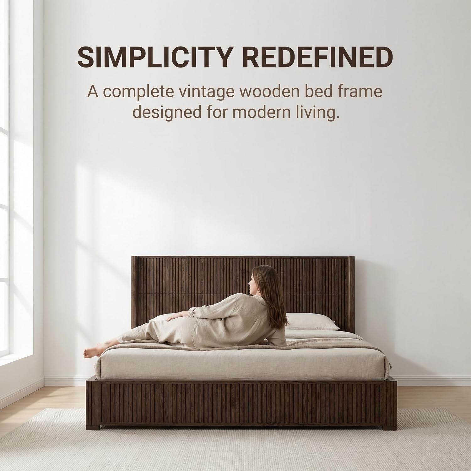 Fluted Queen Size Bed Frame with High Wingback Headboard, Mid Century Modern Wooden Platform Bed Frame, Retro Bedframe with Fluted Design, No Box Spring Needed, Easy Assembly, Walnut