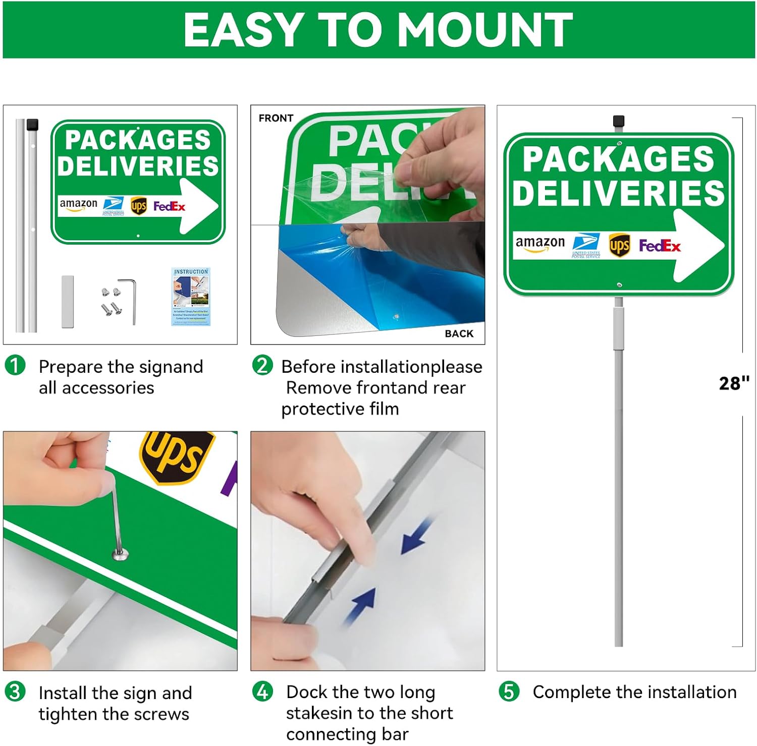 Package Delivery Sign, 12"x8" Reflective Aluminum Yard Sign with 28" Stakes - Easy to Mount, Waterproof, Suitable Includes Amazon, UPS, FedEx Logos for Clear Direction (Green-Right -1-Pack)