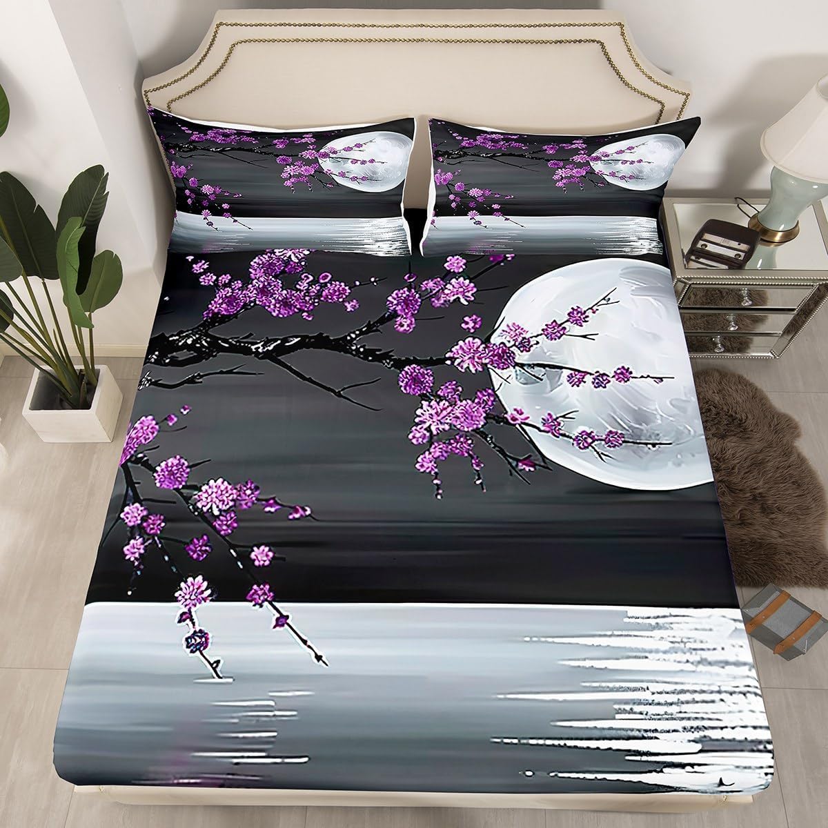 Grey Tree Fitted Sheet,Full Size Modern Artwork Geometric Collections,Tree Branch Bedding Deep Pocket for Children Teens Young with 2 Pillowcases(No Flat Sheet)