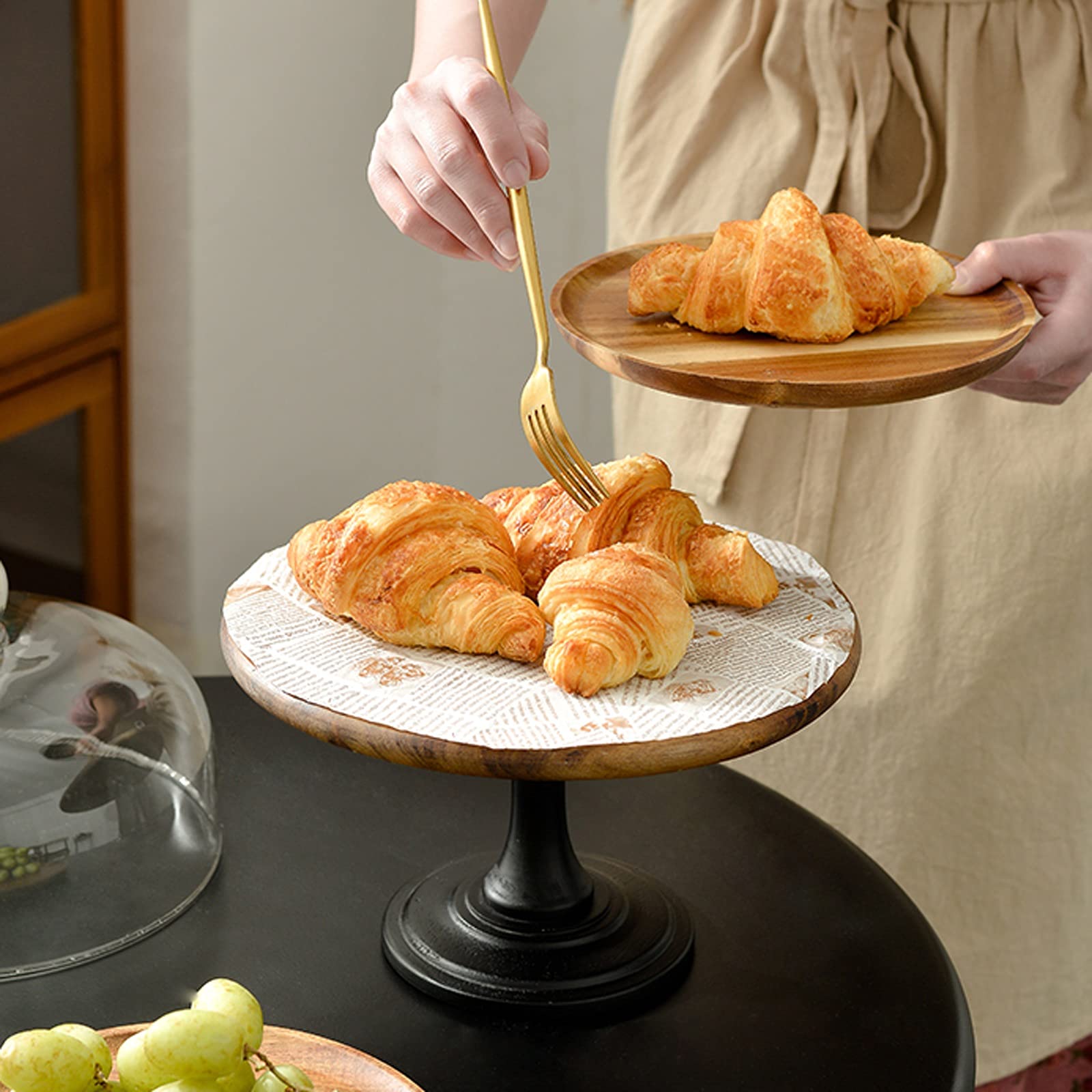 caihuashopping Patera na ciasto w stylu retro ze szklaną pokrywą, drewniana tabela deserów, wesele, imprezę, wielofunkcyjna, stojak na ciasto, stojak na tort (rozmiar: duży)
