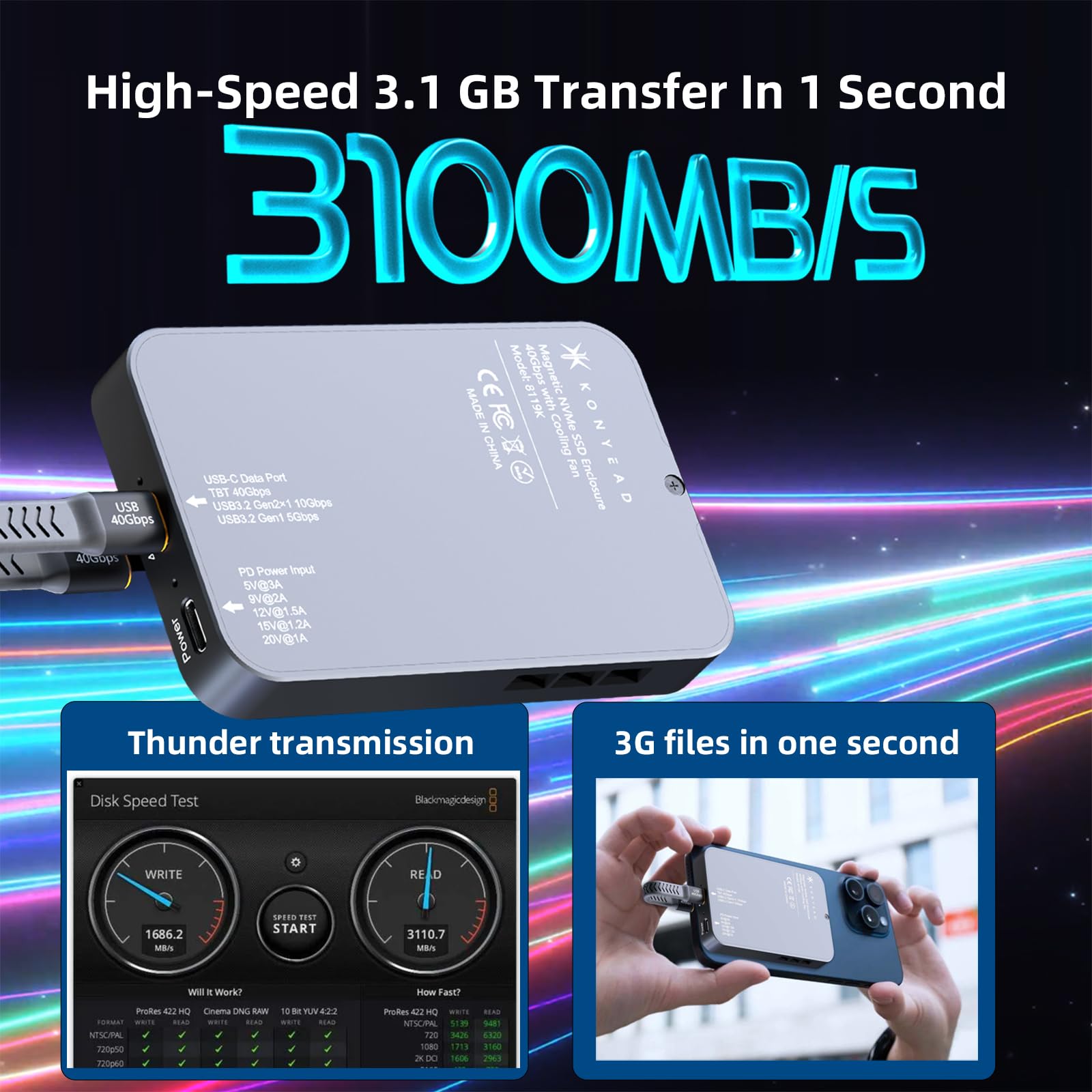Boîtier Orico Thundert™ 3 NVME M.2 SSD - USB-C - 40Gbps - Gris Ciel