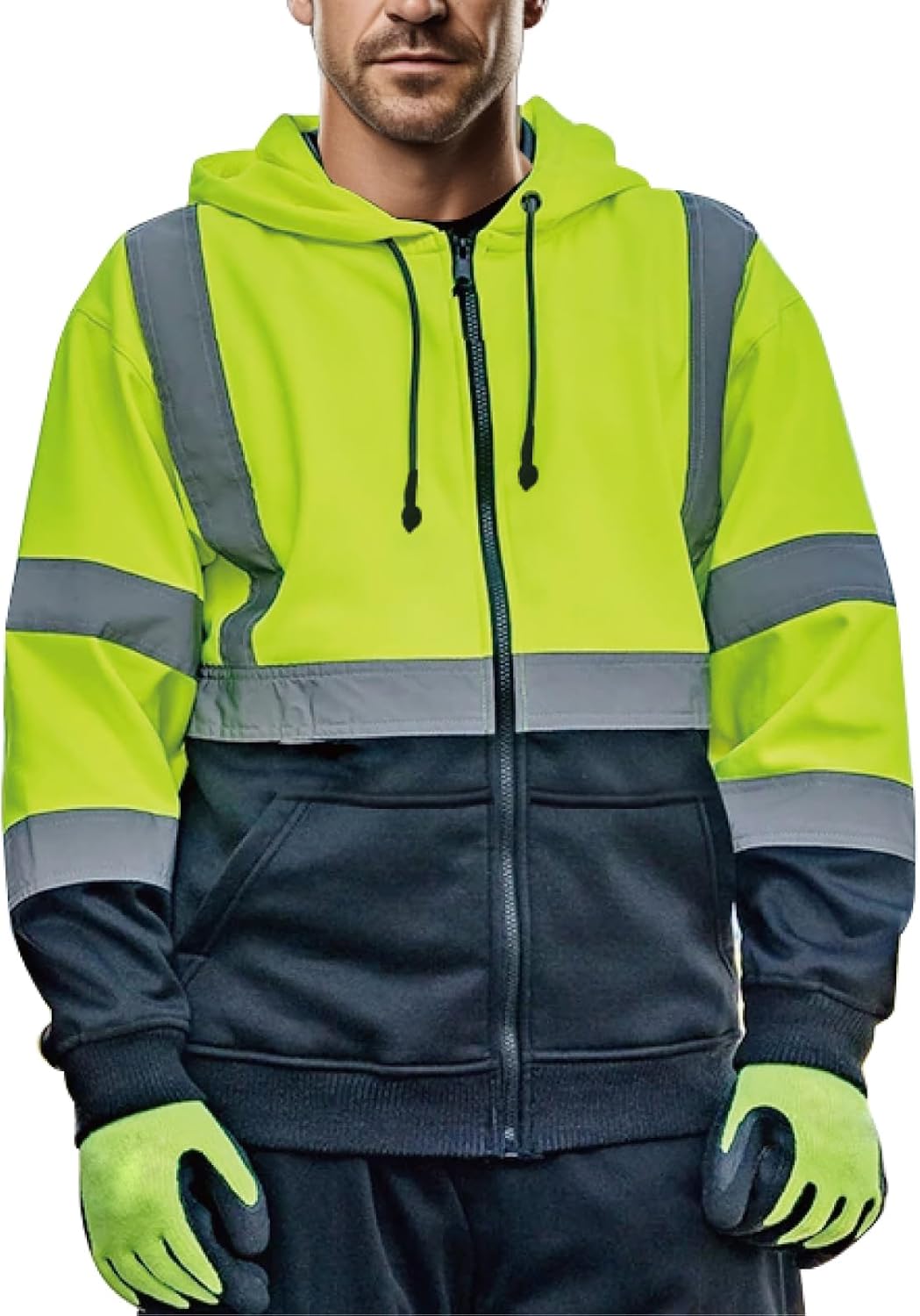 High Visibility Hoodie for Men, Class 3 Reflective Zippered Hoodie Sweatshirt, Construction Work Safety Jacket