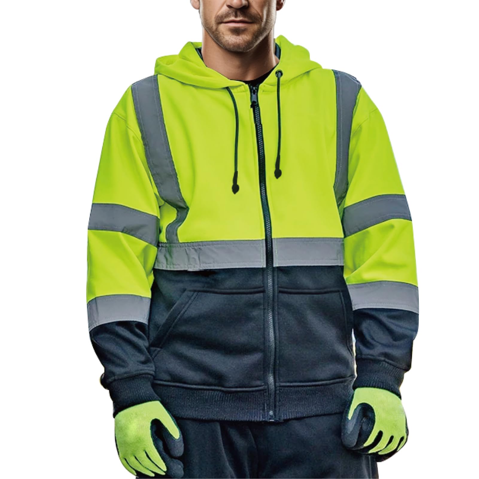 High Visibility Hoodie for Men, Hi Vis Reflective Zippered Hoodie Sweatshirt, Construction Work Safety Jacket with Black Bottom, Class 3 (Neon Yellow, L)