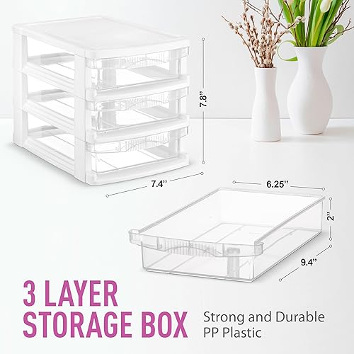 Miniatura 3 de Tribello Almacenamiento de plástico con 3 cajones, mini cajón, marco blanco con cajones transparentes para almacenamiento de manualidades, 10