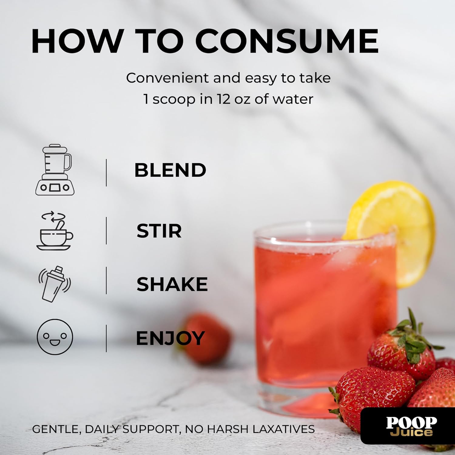 Poop Juice 5-in-1 Daily Fiber Supplement Powder - Bloat & Poop Relief - Prebiotic, Probiotic, Postbiotic, Digestive Enzymes, L-Glutamine - GLP-1 Support - Sugar-Free Strawberry Lemonade (30 Servings)