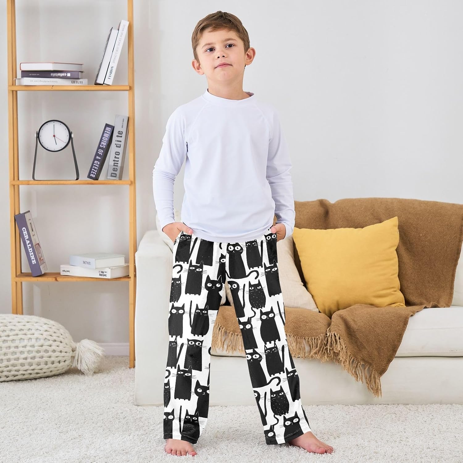 visesunny Black Cats Cartoon Pattern Boys Pants for Kids Fleece Bottoms Long Jogger Pants Trousers with Pockets Size 6-14Y
