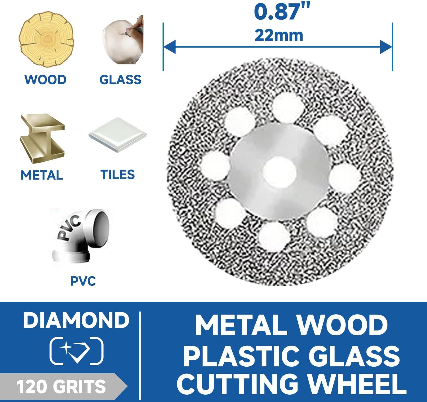 10 pcs Diamond Cutting Wheel Cut Off Discs Coated Rotary Tools W/Mandrel 22mm for Dremel