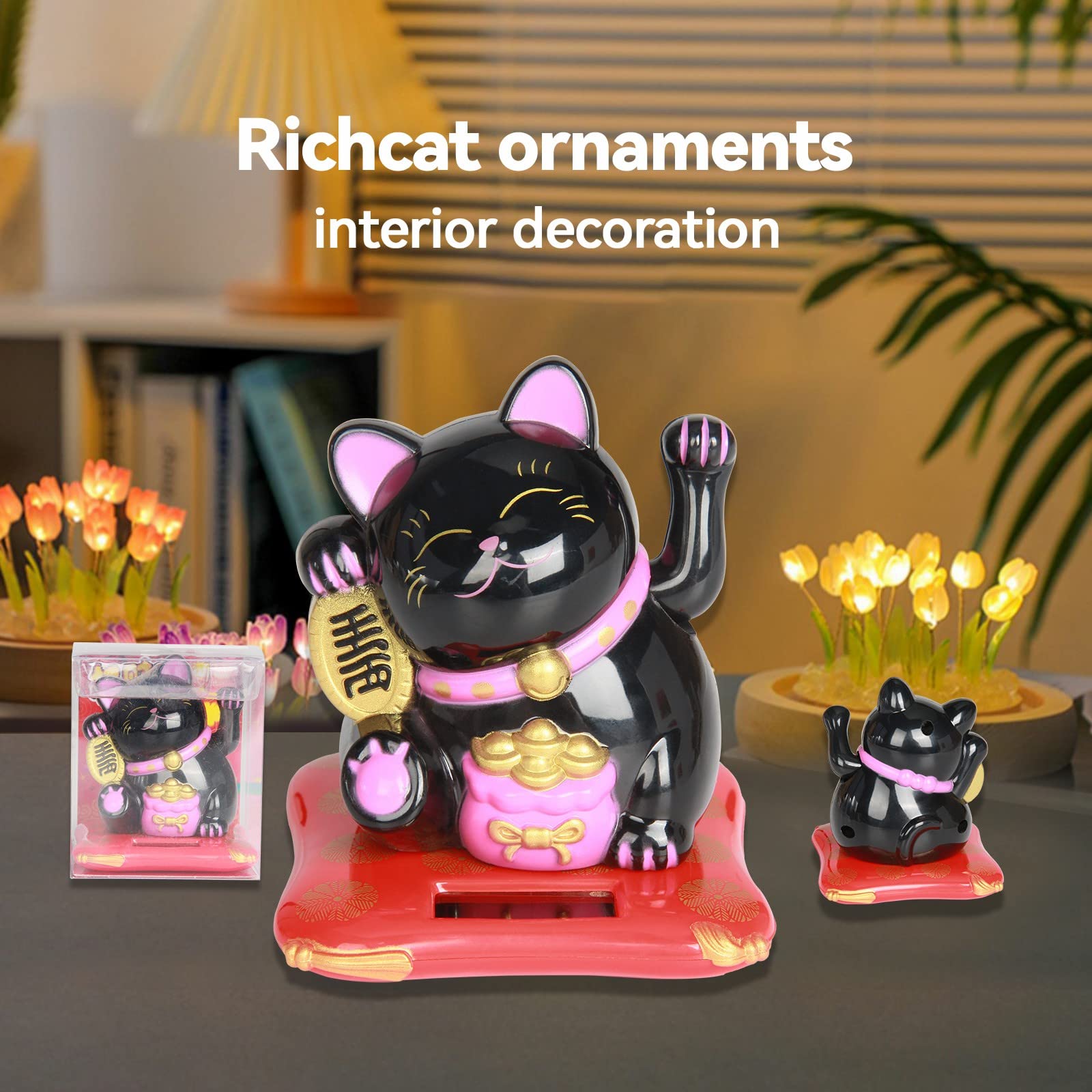 Maneki Neko Fortune Cat Solare Gatto Braccio Ondeaggiante Home Decor Black