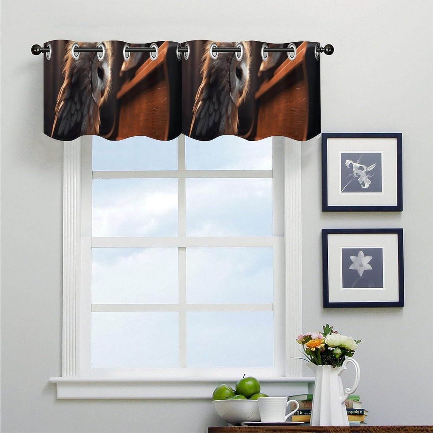 Owl Plays Piano Valance for Windows, 2 Pack Kitchen Curtains Modern Home Decor, Soft Blackout Window Curtains for Living Room & Bedroom, 18 X 52 Inch