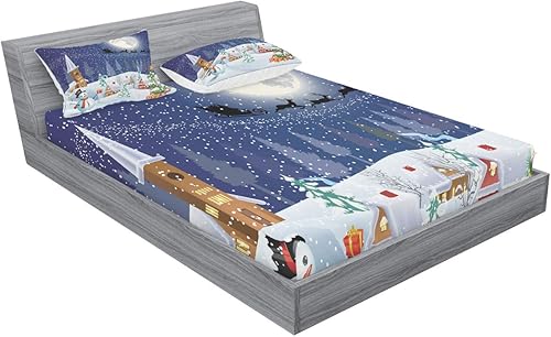 Miniatura 307 de Ambesonne Juego de sábanas bajeras y fundas de almohada con diseño de gato durmiendo en luna creciente, estrellas, sueños nocturnos, juego de ropa
