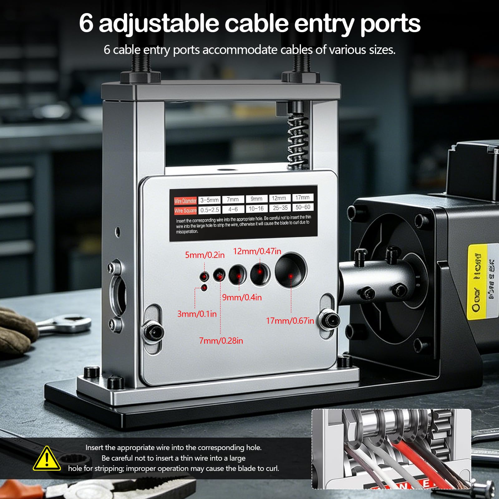 Peladora de Cables Eléctrica, Máquina Pelacables Automático 60W con 6 Agujeros para Cable de Cobre de 3-17mm Herramienta de Pelado para Reciclaje de Chatarra Pelacables Profesional