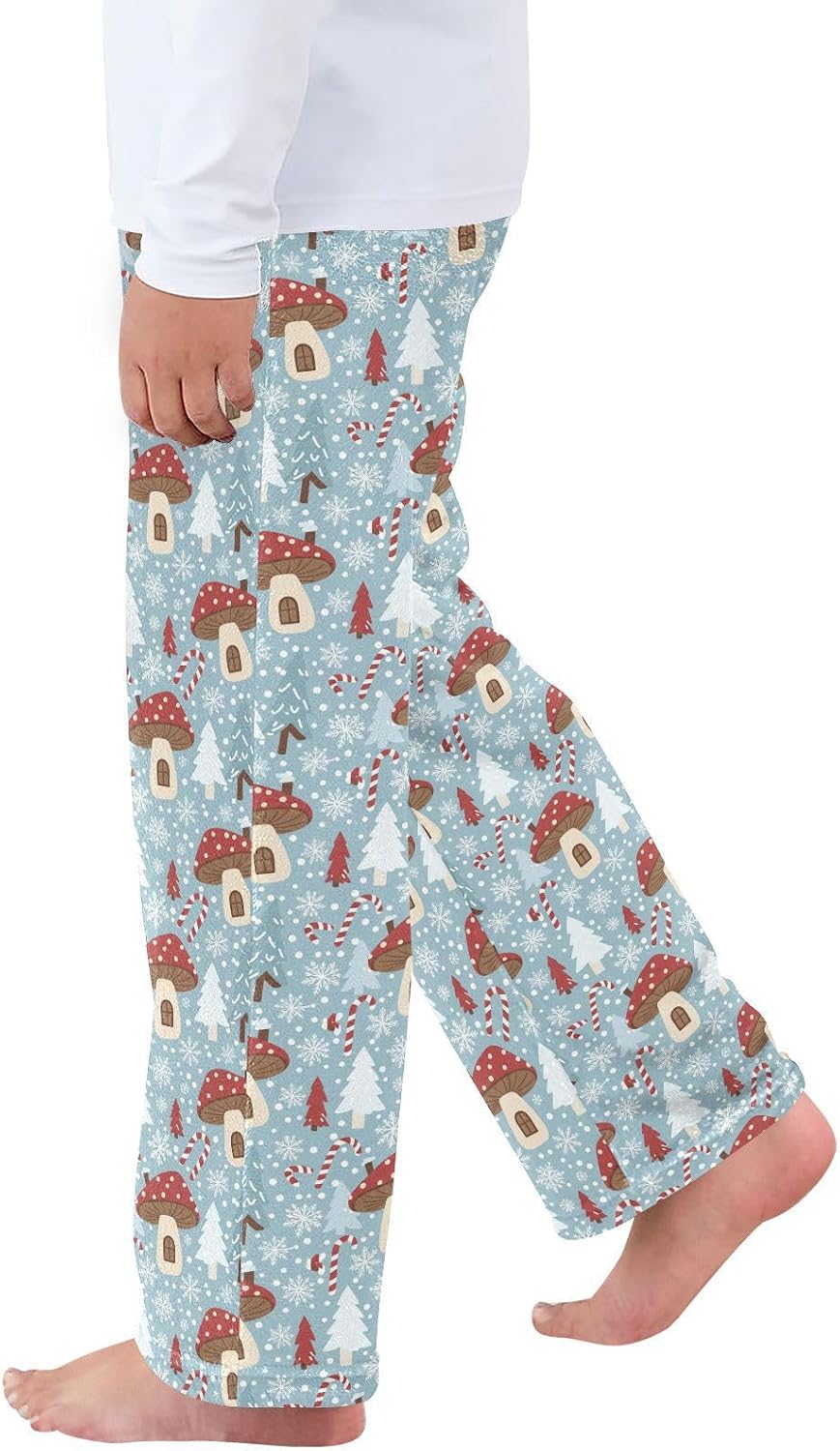 Winter Mushroom Candy Blue Print Plush Pajama Pants Sleepwear Bottoms Lounge Fleece Pants with Elastic Waist, S-XL