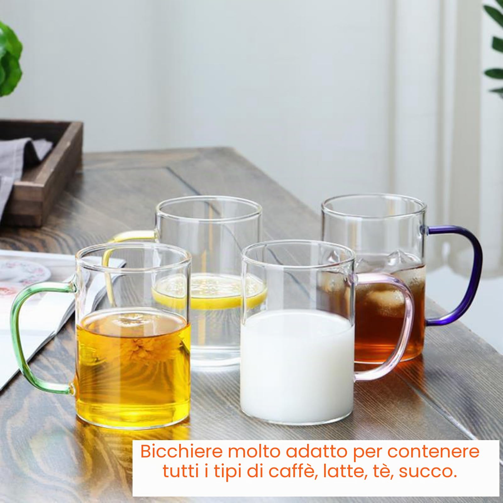Bicchieri da caffè trasparenti, 315ml, bicchieri da bere con manico colorato, tazze da caffè resistenti al calore, bicchieri per latte macchiato, tazze da tè, per feste e ristoranti, set da 6
