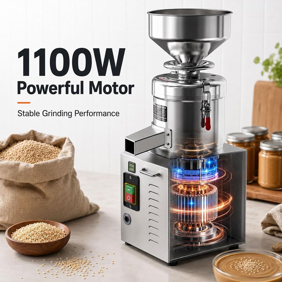 Komercyjna maszynka do masła orzechowego 1,1 kW elektryczna maszynka do mielenia pasty sezamowej, maszyna do masła orzechowego ze stali nierdzewnej, 17,5 kg/h, tahini, masło orzechowe, młynek do