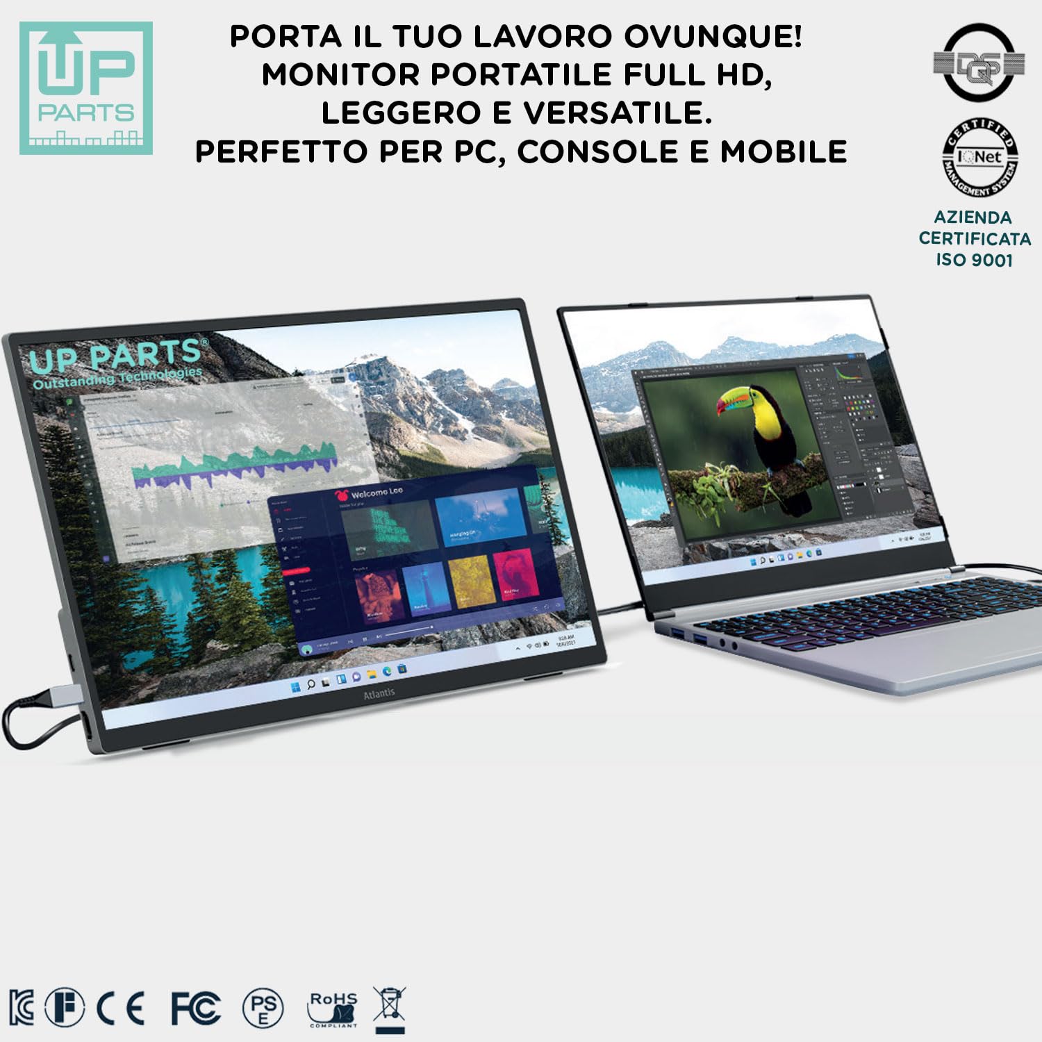 Monitor Portatile, Schermo portatile, Monitor portatile per laptop, 185WP - 18.5" Full HD 1920x1080, IPS, USB-C e Mini HDMI, Attacco Vesa,Ultra Sottile, Altoparlanti, Azienda Italiana