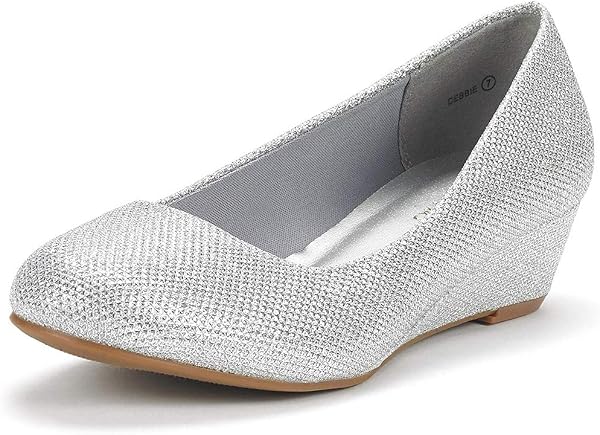 DREAM PAIRS Women's Debbie Silver Glitter Mid Wedge Heel Pump Shoes Size 7 M US