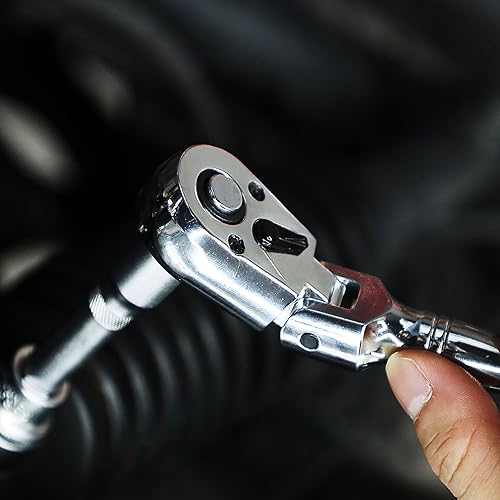 Vista 6 de Trinquete de cabeza flexible de 3/8 pulgadas con mango largo, llave giratoria de liberación rápida de 72 dientes, cabeza Cr-Mo, mango flexible