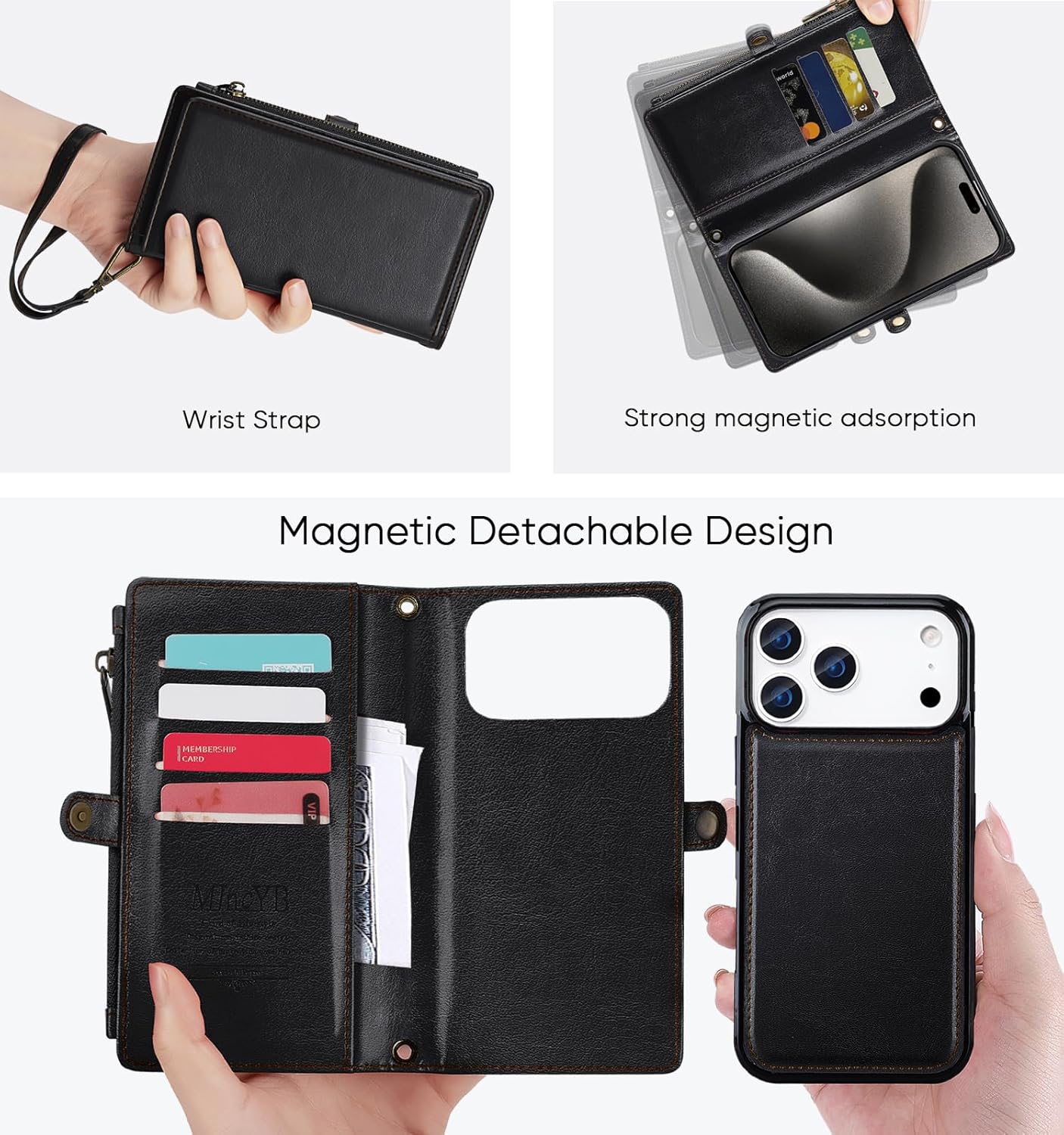 MInCYB for iPhone 17 Pro Max Wallet Case, [Compatible with Magsafe] [Magnetic Detachable] [RFID Blocking] PU Leather Case with Card Holder & Crossbody Strap for Women Men, Black - Image 5