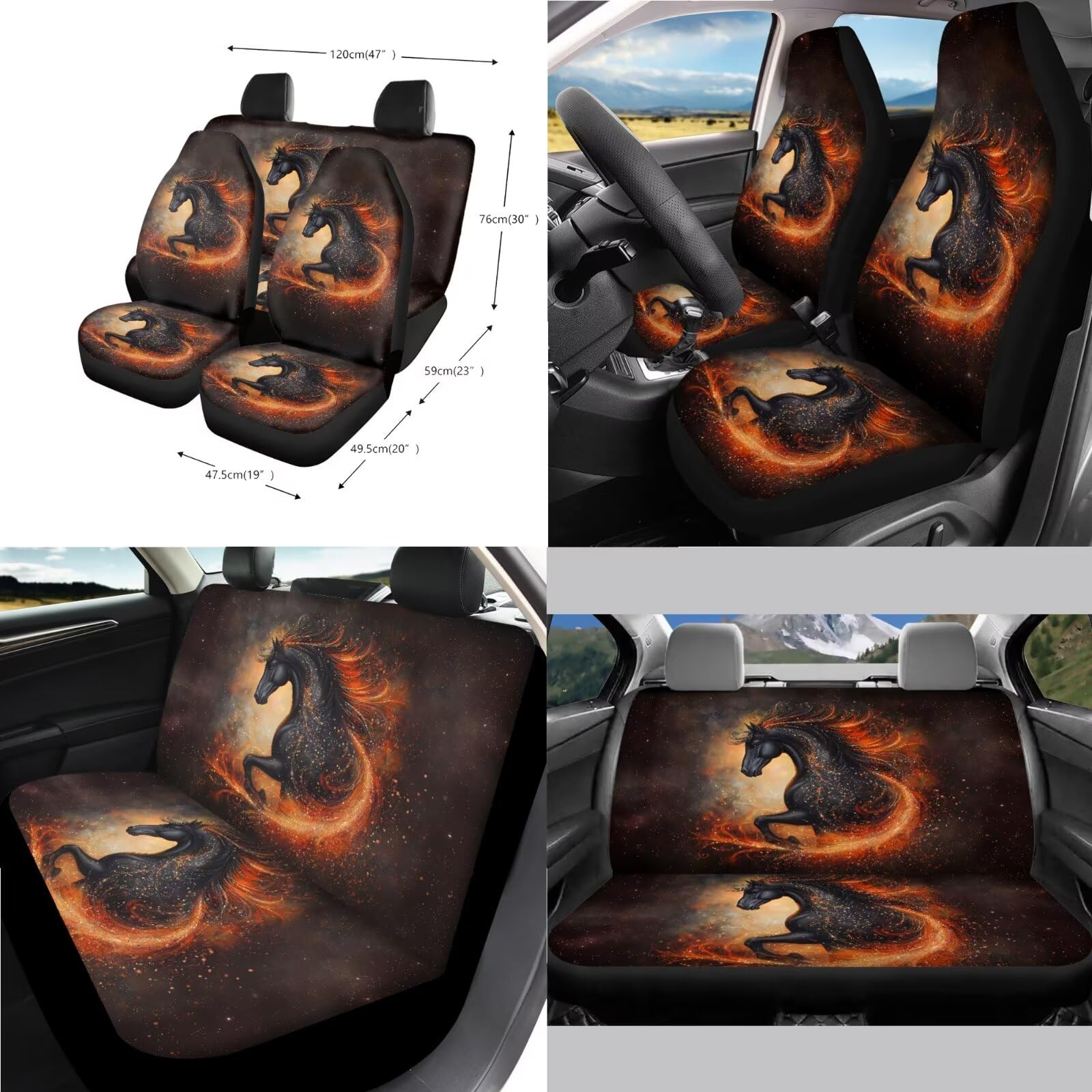 Set di 14 coprisedili anteriori e posteriori per auto, con stampa di cavalli, coprivolante centrale e cuscinetti per cinture di sicurezza, protezione per specchietto retrovisore