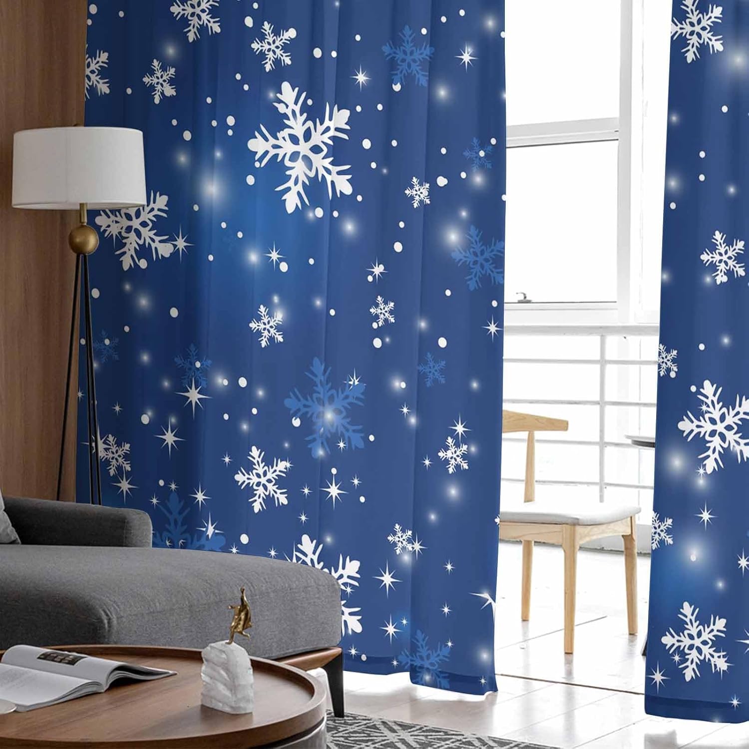 Navy Blue Christmas Sheer Curtains 84 Inch Length 2 Panels Set, Winter Snowflake Xmas Semi Sheer Curtain for Living Room, Shiny Blue Christmas Voile Window Curtains Sheers Drapes for Bedroom
