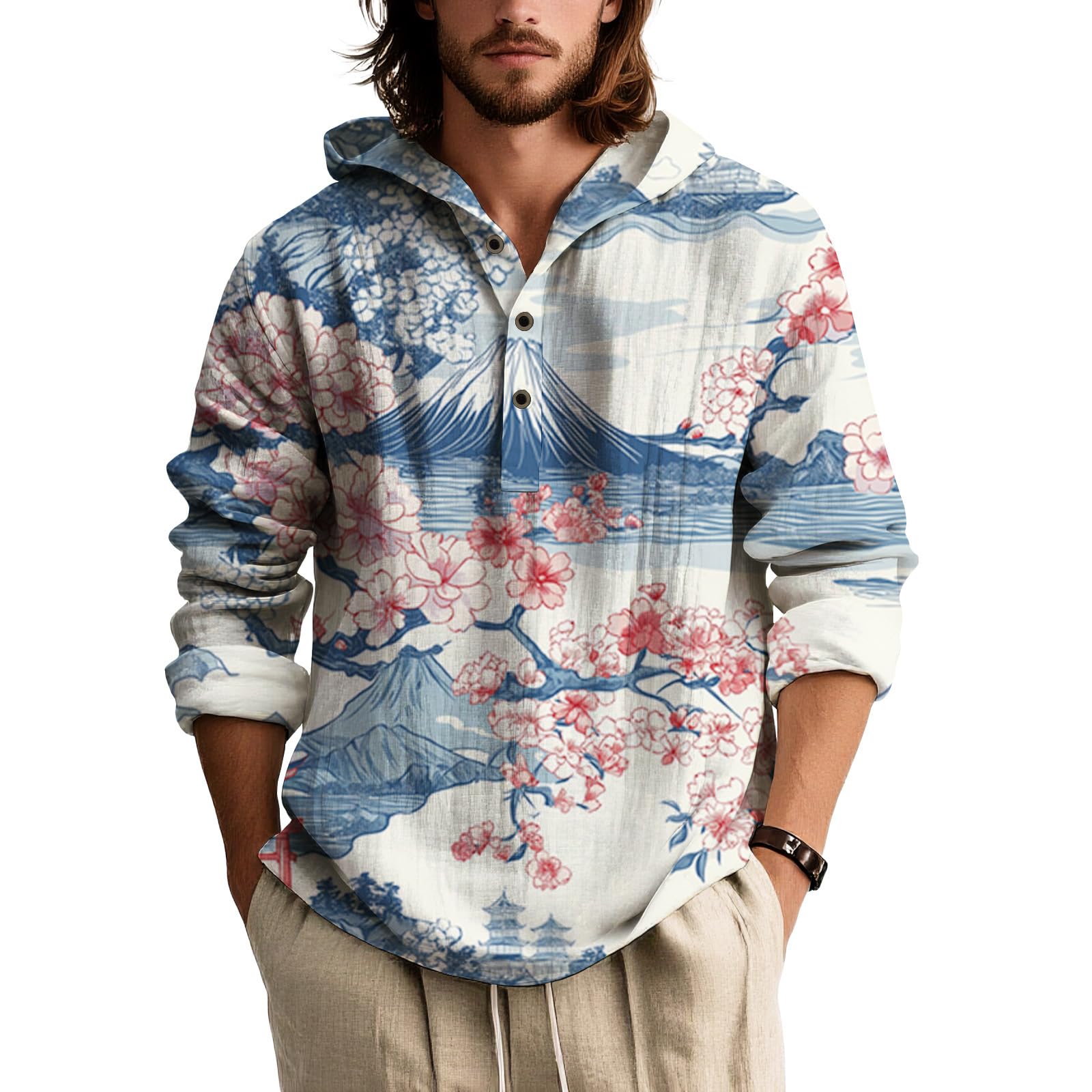 Mens Long Sleeve Button Down Shirt Japanese Art Print Relaxed Fit Casual Top Artistic Style Navy Black