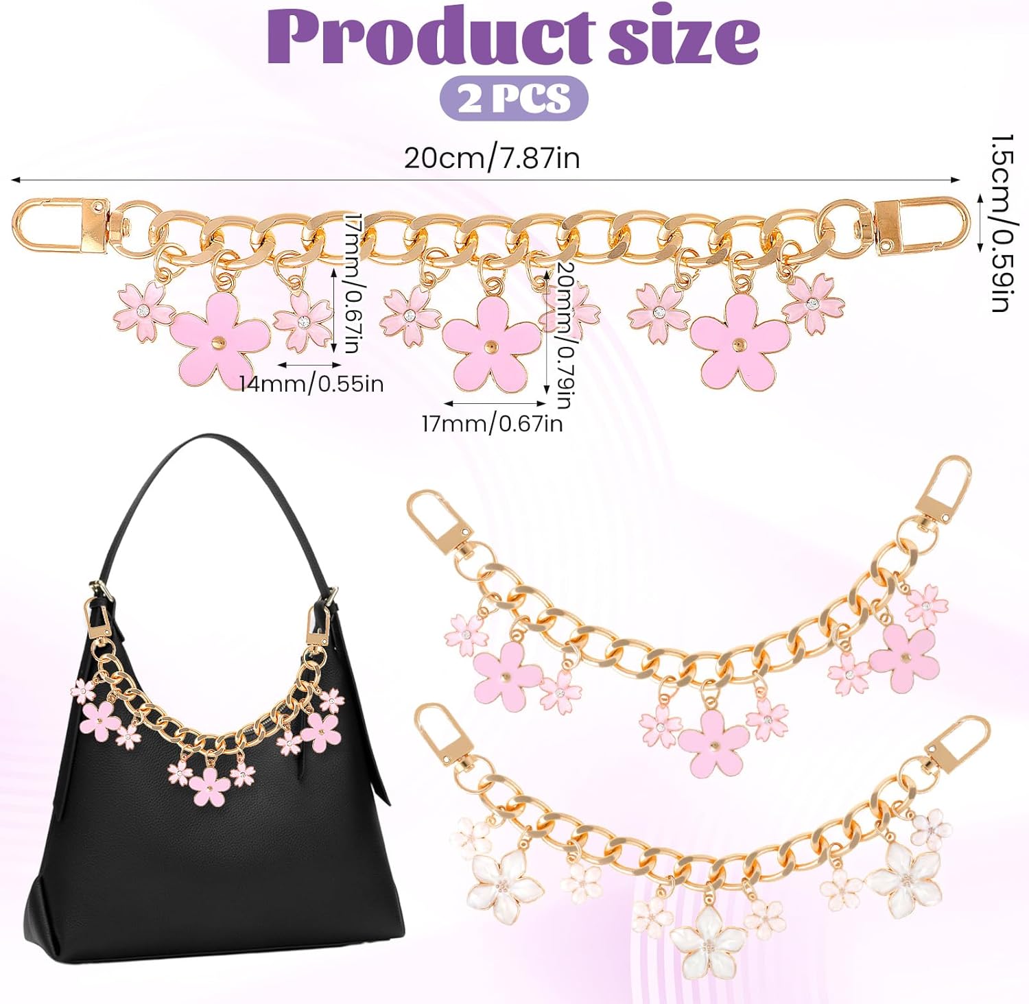 2 PCS Pink Flower Bag Charm Chain, 8 Inch Flower Purse Charm, Pink Bag Chain Charms for Handbags Wallet Crossbody Shoulder Bags - Image 3