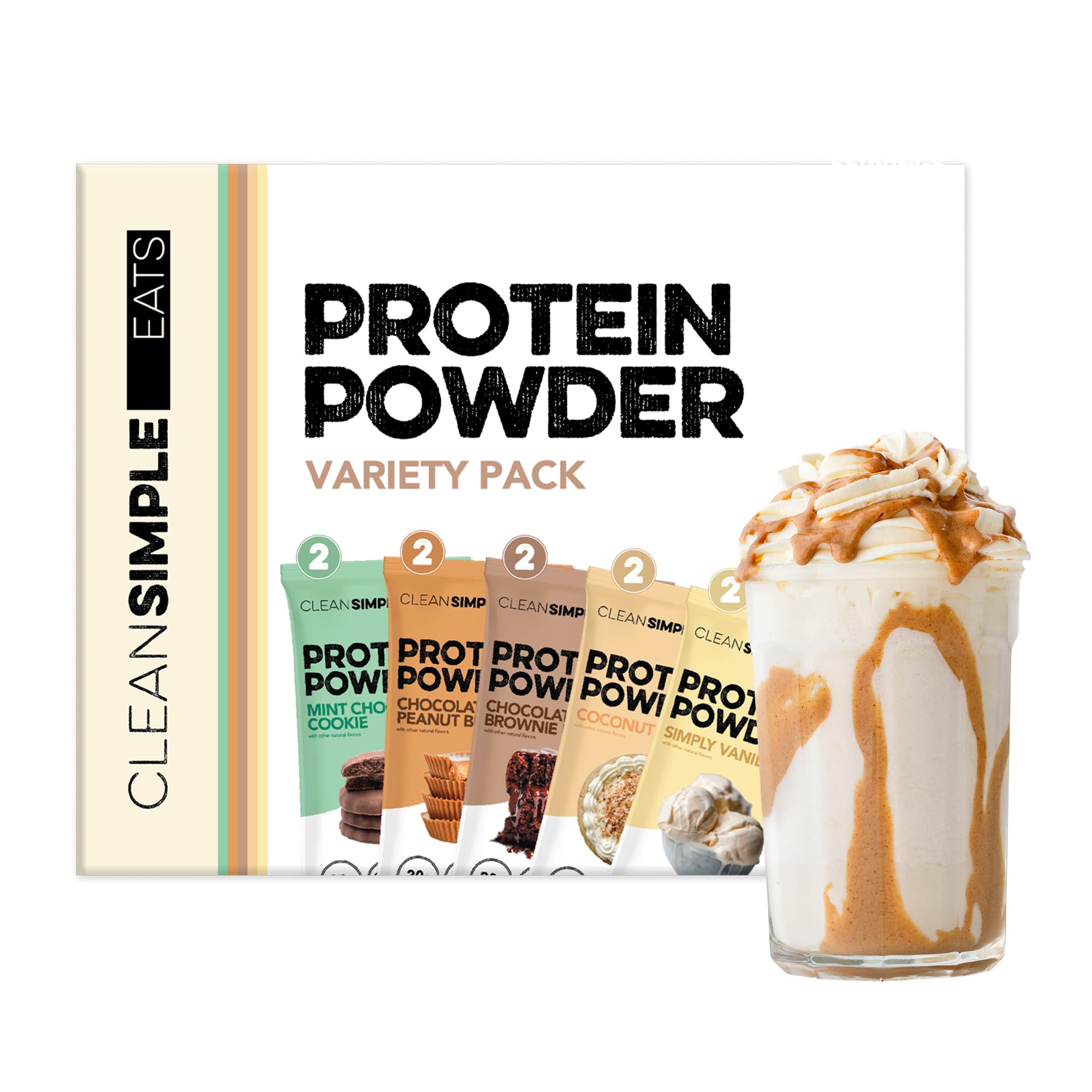 Clean Simple Eats Whey Protein Powder, Variety Pack, Naturally Sweetened Flavors, 100% Grass Fed Protein Powder with Digestive Enzymes & No Artificial Ingredients, Gluten Free, 10 Single Serve Packs