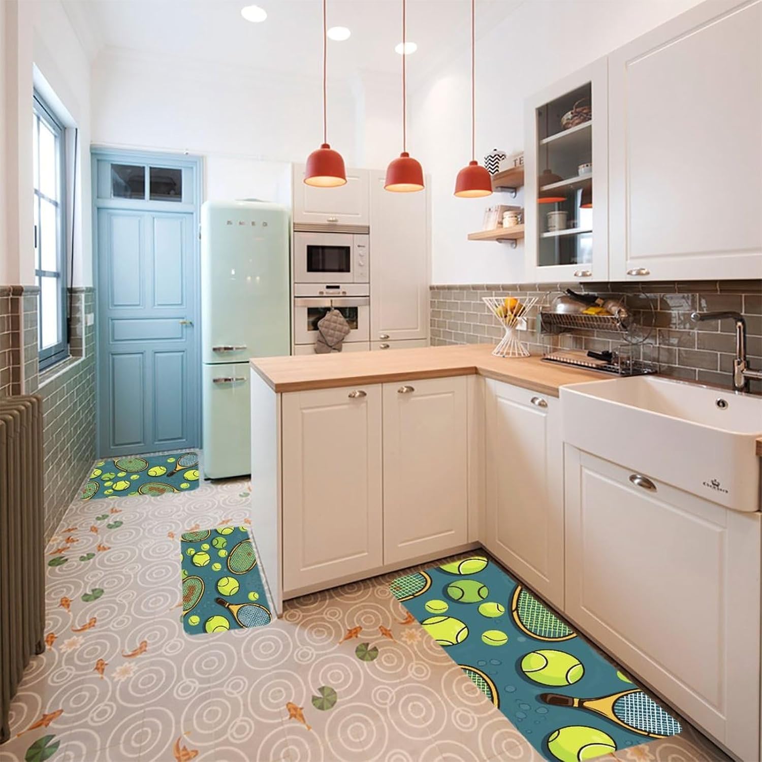 Funny Tennis Racquets and Tennis Balls Kitchen Mats for Floor 3 Pcs Kitchen Rugs