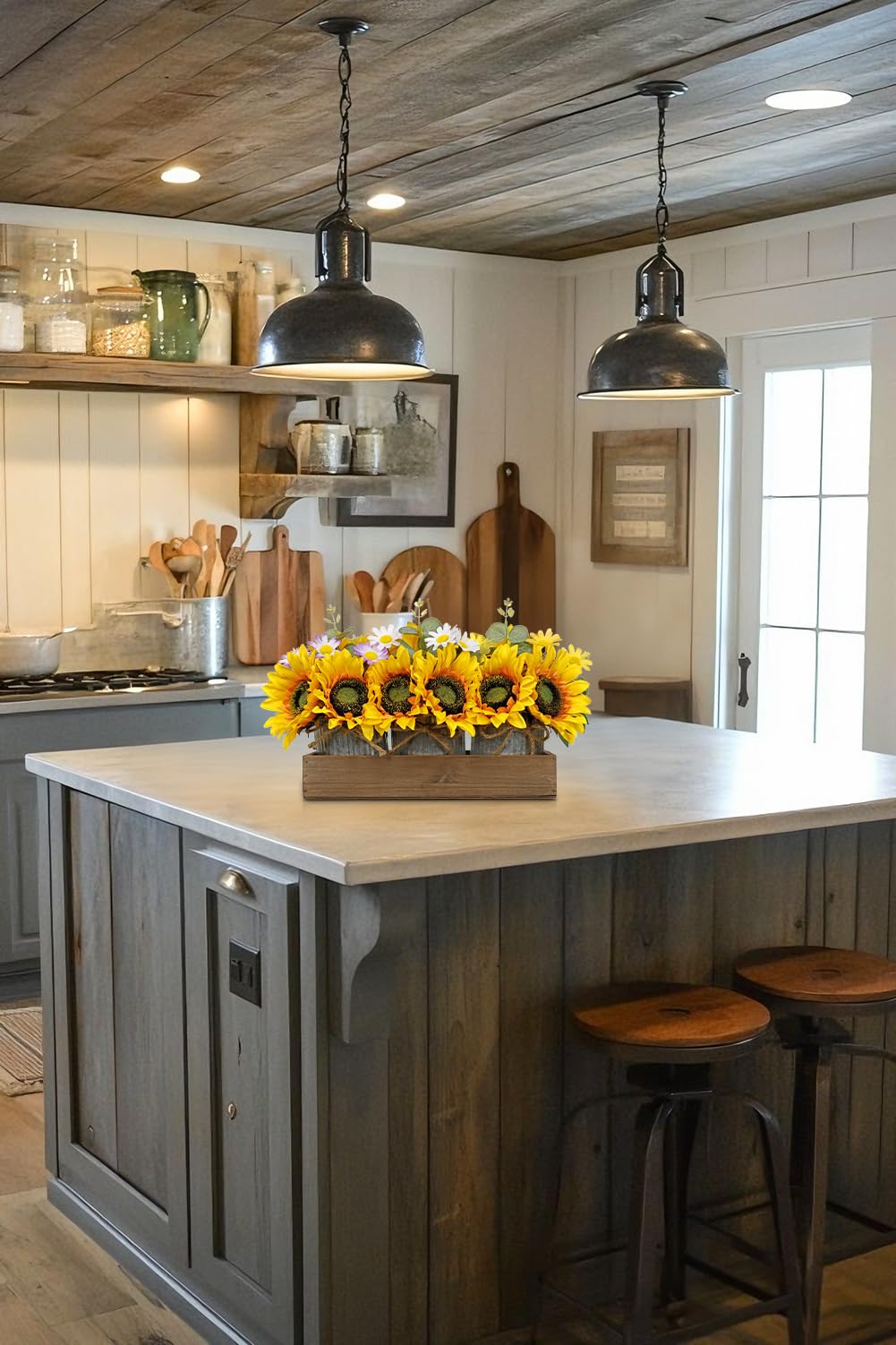 Oairse Set di 3 piccoli semi di girasole artificiali in vasi zincati, fiori artificiali con vassoio in legno, decorazione da tavolo, soggiorno, per matrimonio, decorazione per davanzale e camera da
