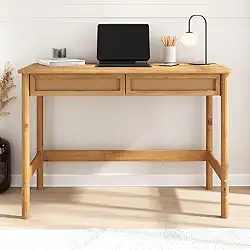 IDIMEX Mesa Escrivaninha com 2 gavetas em Rattan Palha Natural 110 cm Rodrigo cor Freijó Escrivaninha para quarto em madeira com pés Torneados Minimalista