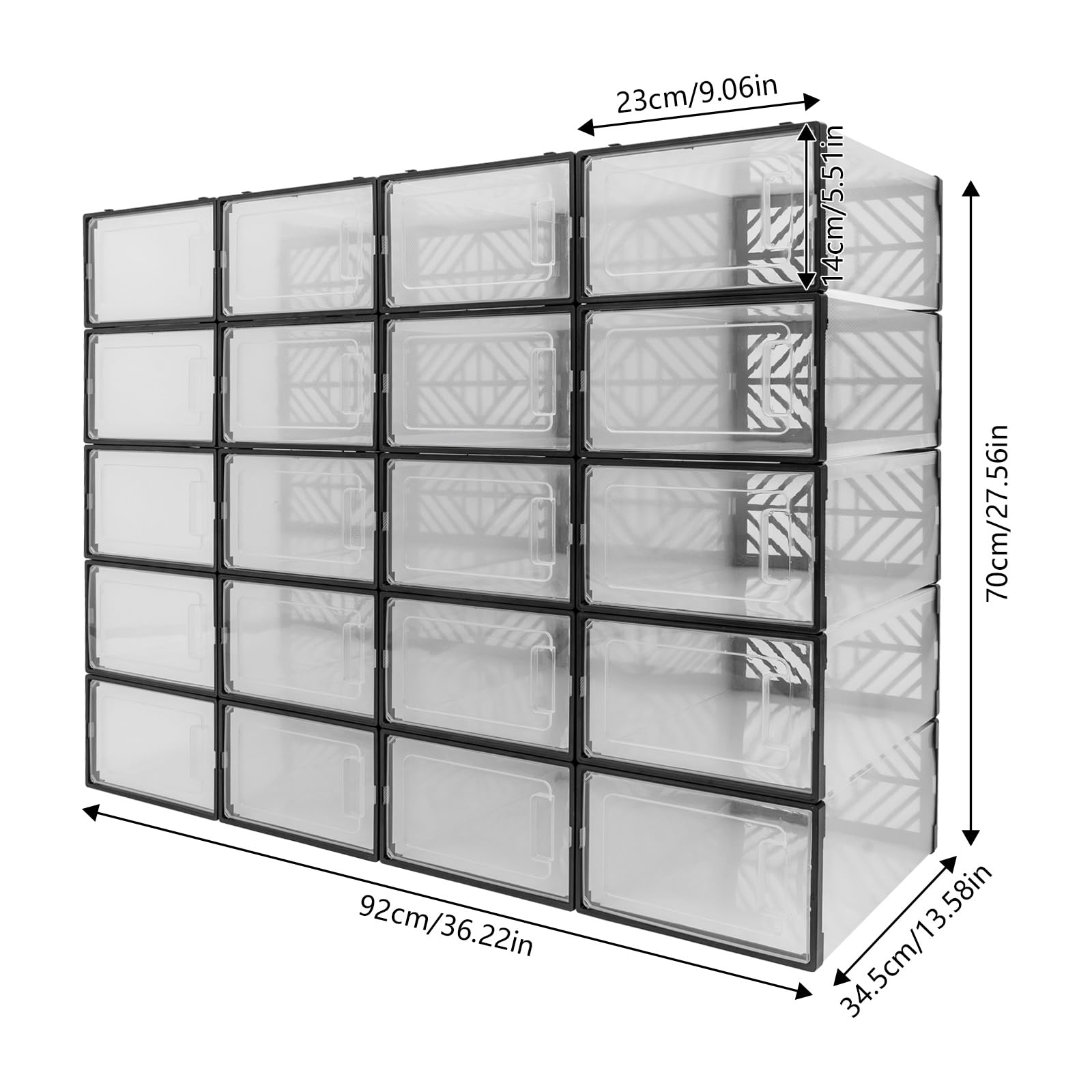 Cajas apilables para zapatos, juego de 20 cajas transparentes para zapatos, para salón, dormitorio, armario y oficina (negro)