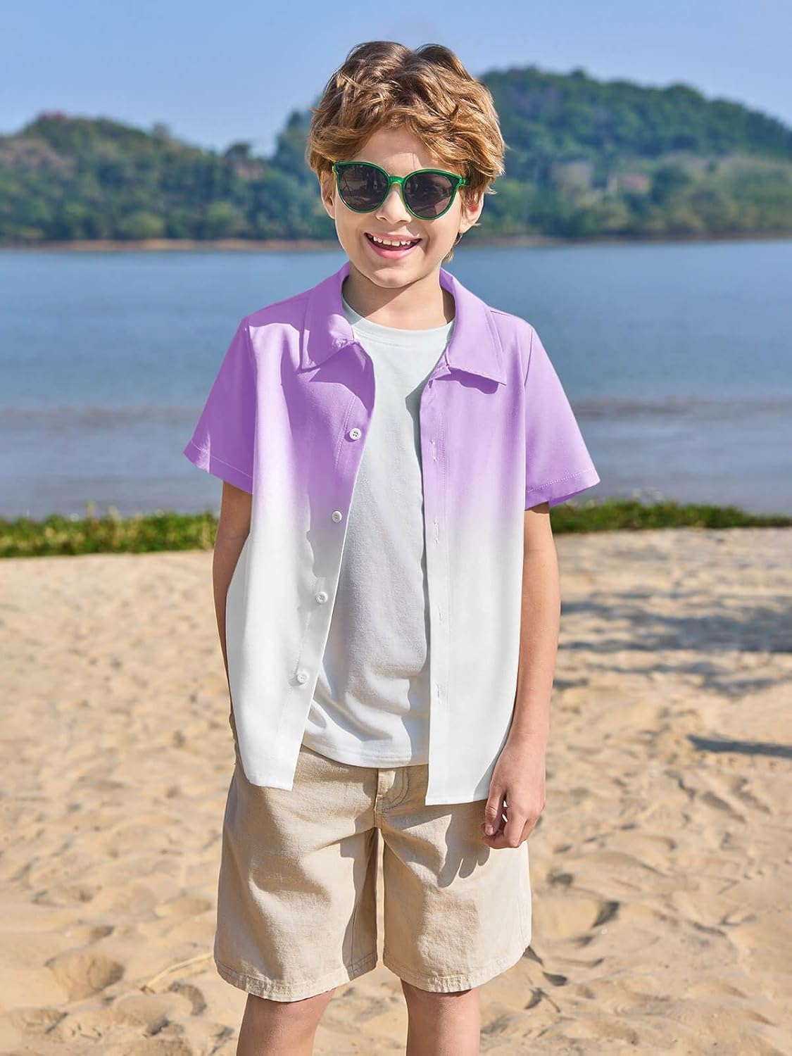 Haloumoning Boys Button Down Shirts Short Sleeve Gradient Shirt Kids Summer Casual Beach Hawaiian Shirts 5-14Y - Image 4