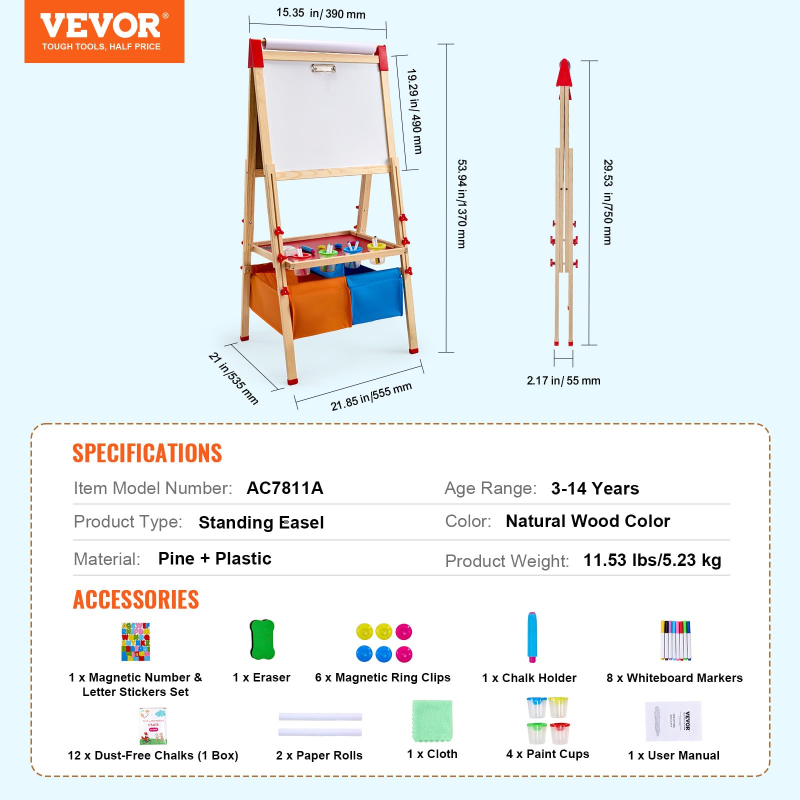 VEVOR Cavalletto da Arte per Bambini 3 in 1, Cavalletto da Arte in Legno a Doppia Faccia con Lavagna Magnetica e Rotolo di Carta, Tavolo da Disegno Regolabile con Accessori per Pittura per Ragazzi