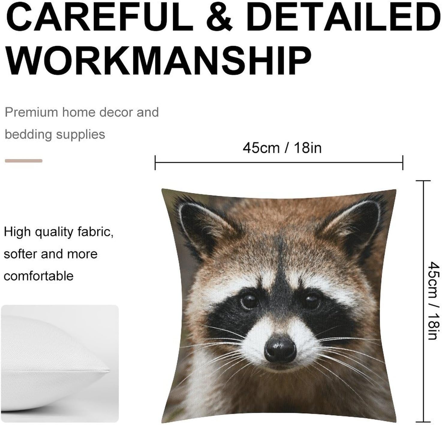 Raccoon Face Pillow Protectors Cute Waterproof Pillow Cover Soft Skin-Friendly Cushion Case Decorative Square Cushion Cover for Couch Sofa Bed Living Room Bedroom