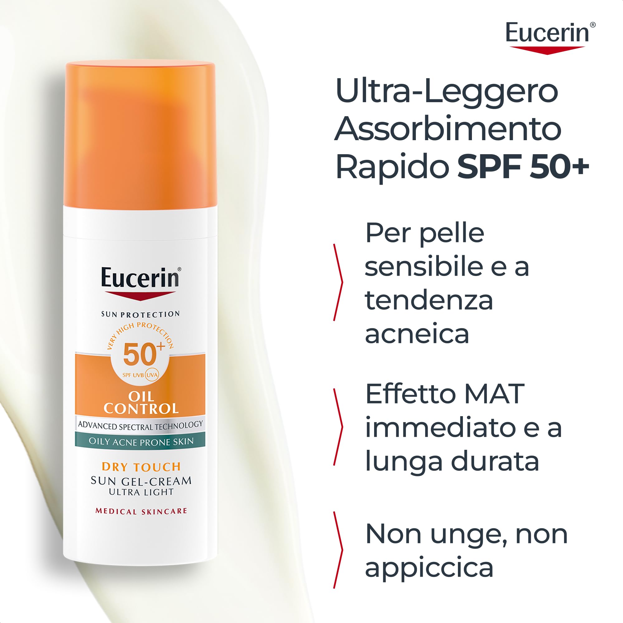 Eucerin Oil Control Dry Touch Face Sun Gel-Creme SPF50+ 50 ml, Crema solare viso 50+ opacizzante, Protezione solare viso 50+ senza profumo, Texture ultra leggera per pelle grassa, acneica e sensibile